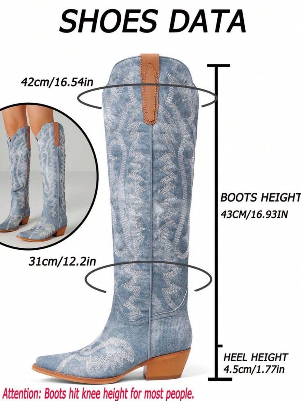 Light Blue Embroidered Knee-High Western Boots - Picture 4 of 4